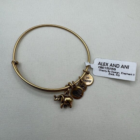 Alex and Ani Elephant Charm Bangle Bracelet Gold Tone Adjustable Charity NWT - Picture 1 of 7